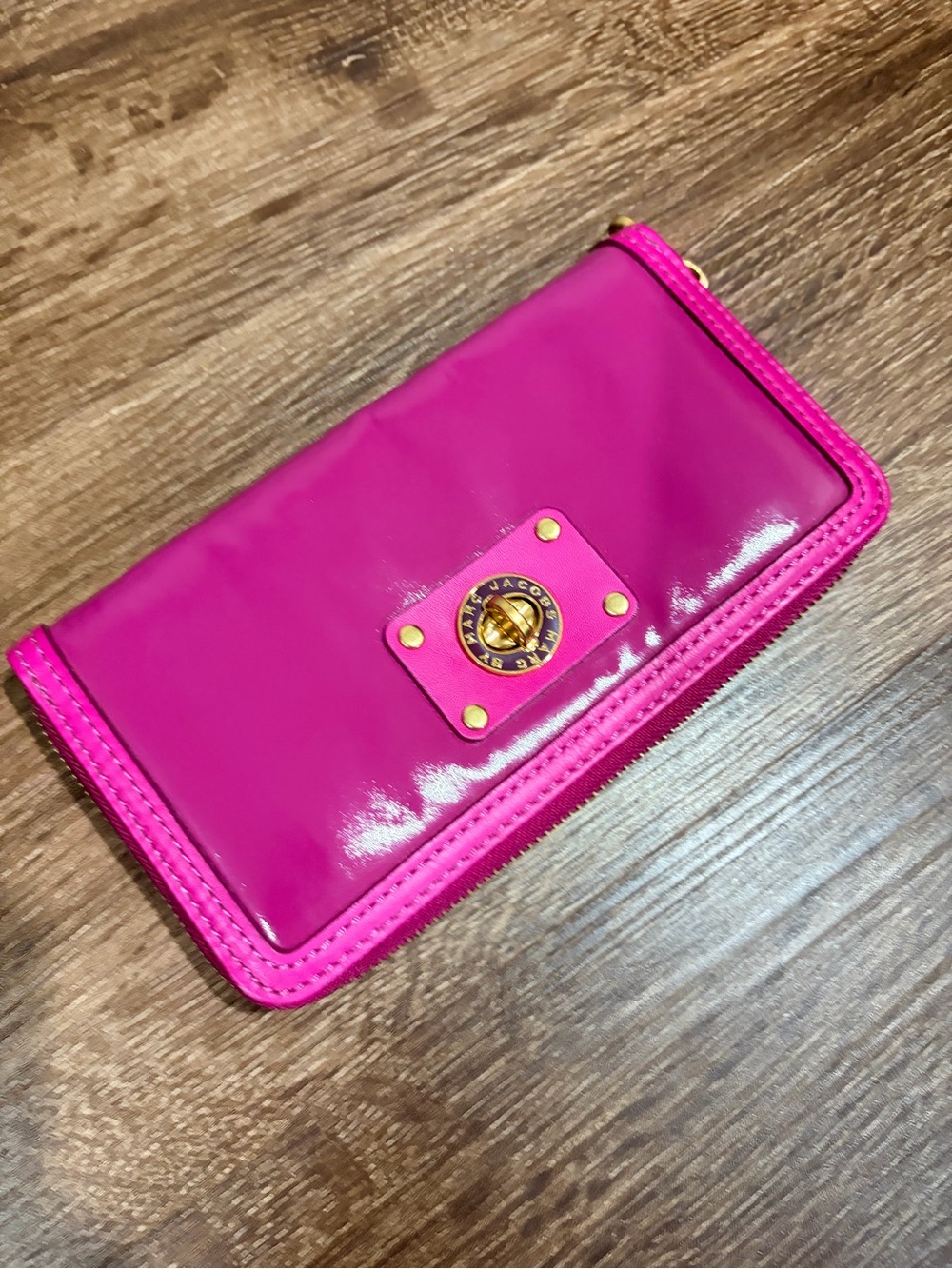 Marc Jacobs Hot Pink Patent Zip Wallet with Gold Hardware